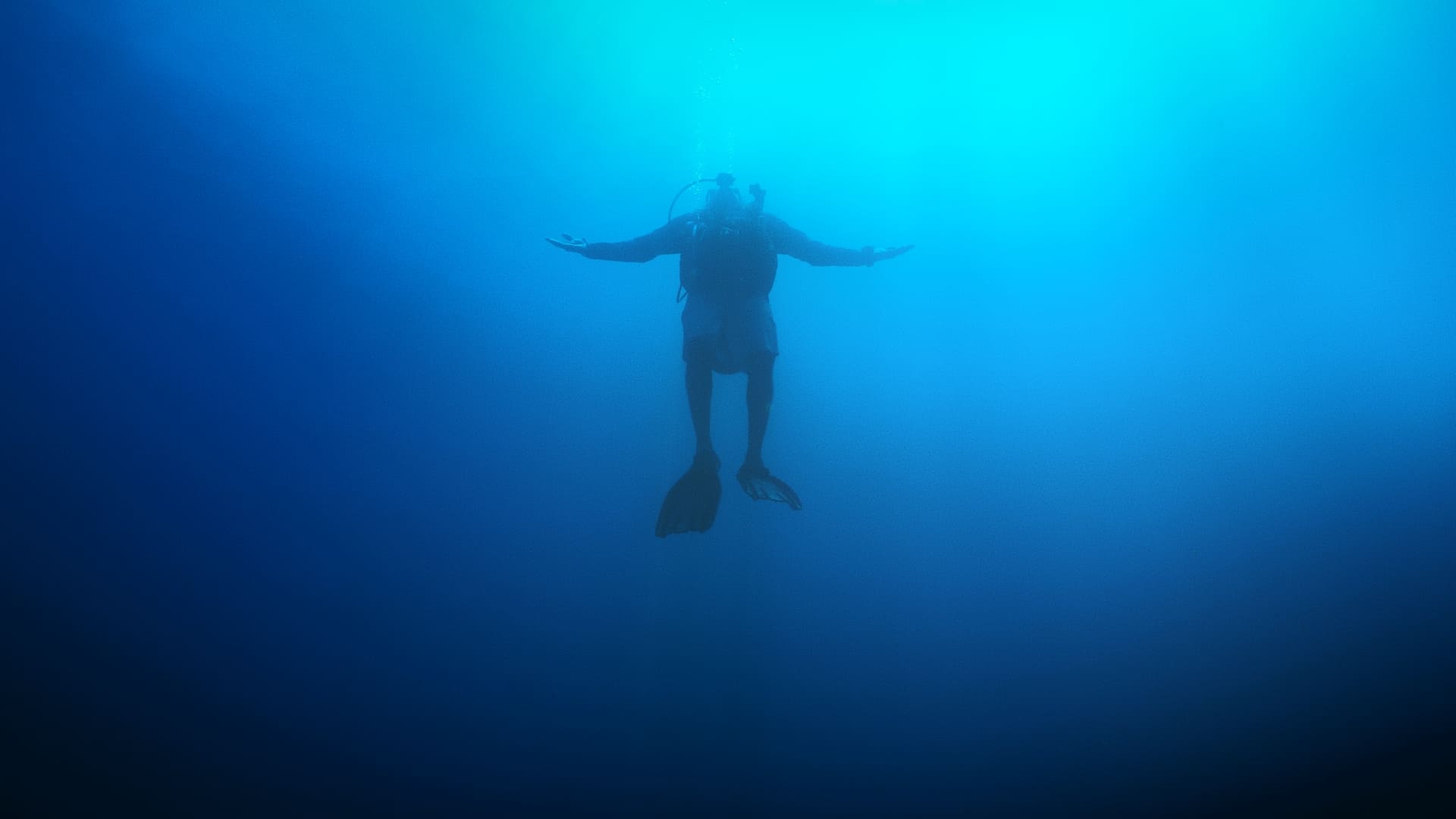Plongeur vu de face en pleine immersion, bras écartés, baignant dans la lumière bleue de l’océan